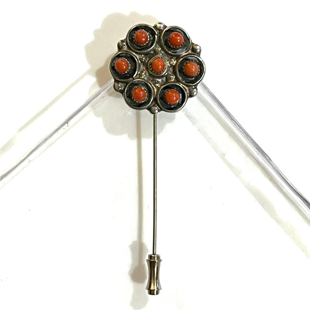 🥀Signed, Navajo Vintage Sterling Silver Red Coral Stick Pin